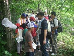 虫取り網、虫かごをもって向山森林公園に昆虫観察に行きました。<br />木に仕掛けたトラップに昆虫を発見すると、子供たちは一斉に木の回りに集まっていました。<br />インストラクターさんより、昆虫の集まる木や飼い方のお話もありました。<br />みなさん、大事に育ててくださいね。