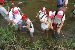 三春ダムに流れて来る大滝根川（柴原）に住む、水生生物を観察しました。<br />腰まで水につかり、川岸の水草の下の方に網を置き足でワサワサと網の方にたぐり寄せていきました。<br />ドジョウやオイカワ、タロモコなどの魚のほかにコオイムシやコオニヤンマなど多くの生物を捕まえることができました。<br />最後にインストラクターの先生から、魚やヤゴの飼い方やそれぞれの特徴を教えていただきました。<br />川にはたくさんの生き物が住んでいます。川を汚さないように気をつけようね！