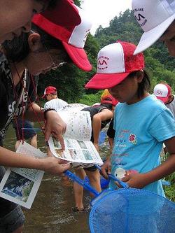 大滝根川の川の中に住む魚や水の底にいる水生生物を観察しました。<br />オニヤンマのヤゴやどじょう、オイカワなど<br />多くの水生生物を観察することができたようです。<br />思った以上に多くの生き物を身近に感じることができて驚いていました。